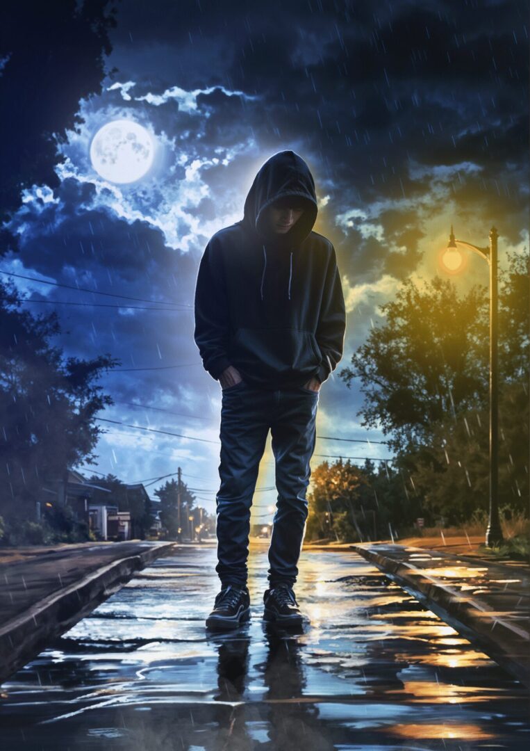 A hooded figure standing on wet railroad tracks at night.